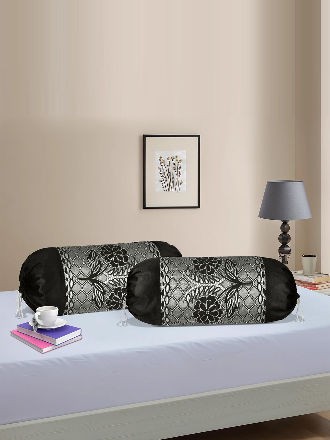Kuber Industries Black & Silver Toned 2 Pieces Floral Printed Bolster Covers