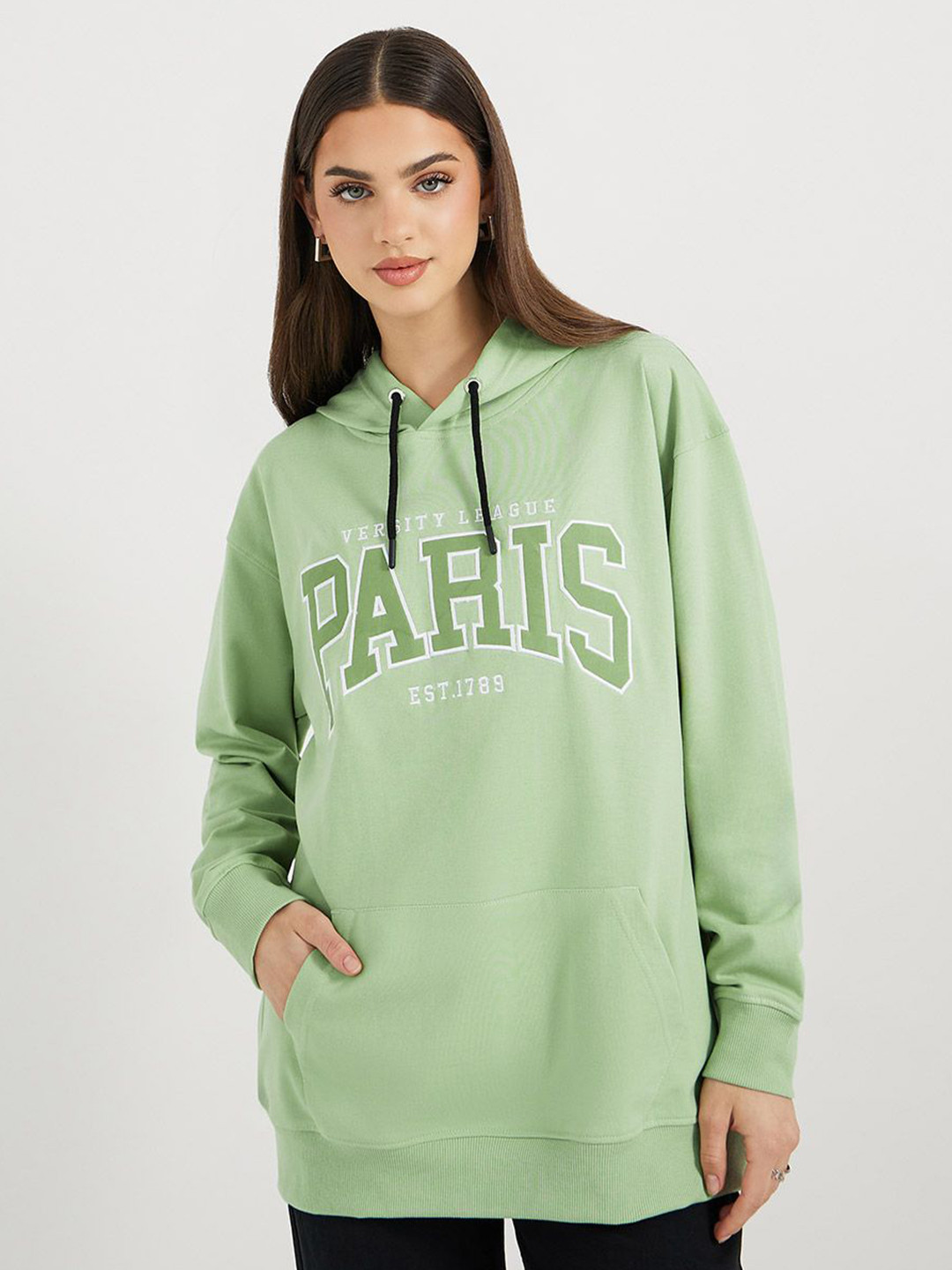 Styli Women Regular Fit Longline Embroidered Slogan Pullover Hoodie with Kangaroo Pocket