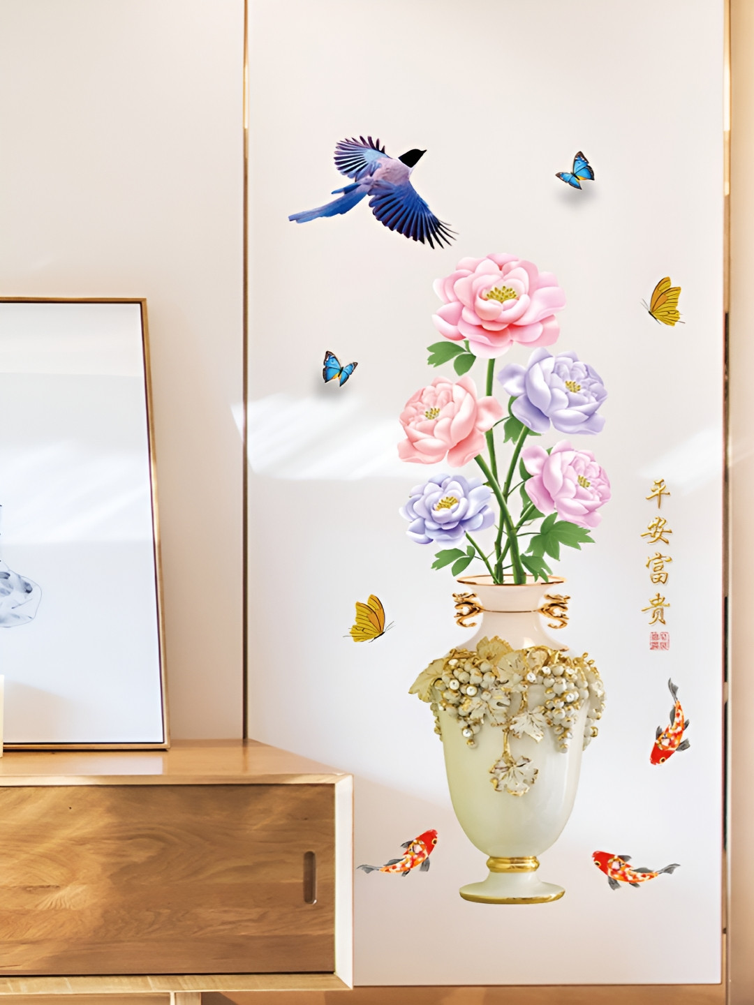 Asian royal Pink & Green Flower Vase Printed Wall Sticker