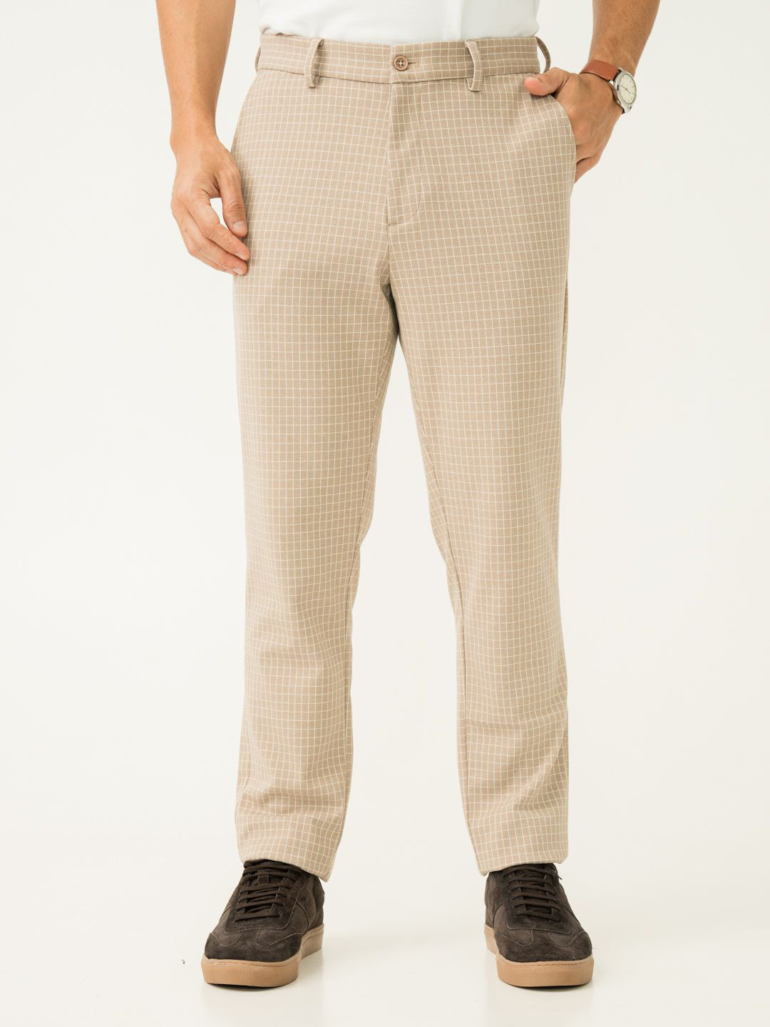 The Pant Project Dune Khakhi Checks Slim-Fit Wrinkle-Free Power-Stretch Knitted Trousers