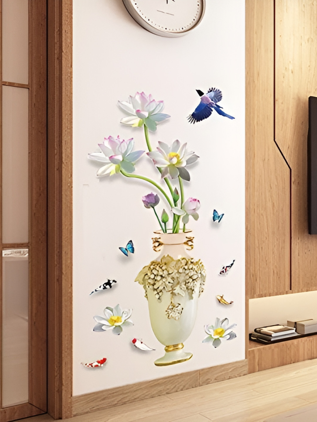 Asian royal White & Pink Floral Vase Printed Waterproof Wall Sticker