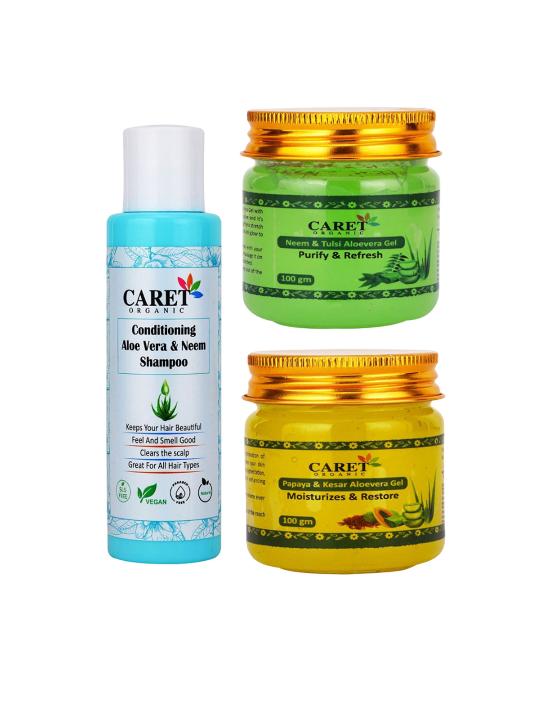 CARET ORGANIC Set Of 3 Conditioning Shampoo With Neem & Papaya Aloevera Gel