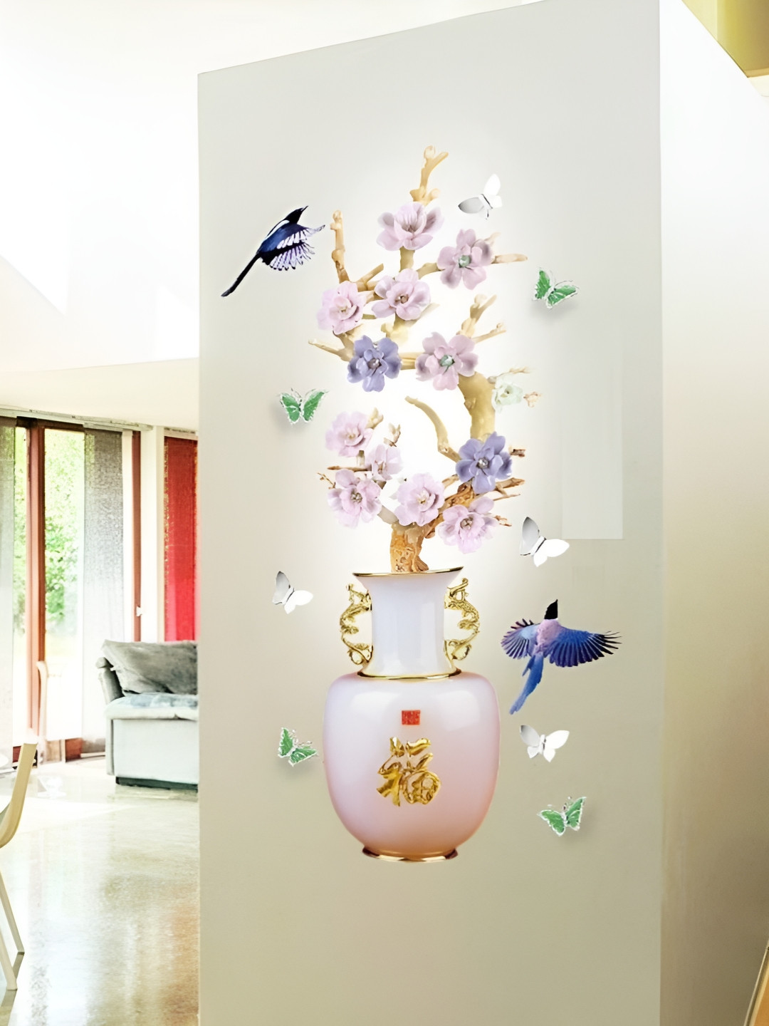 Asian royal White & Blue Floral Printed Water Proof Wall Sticker
