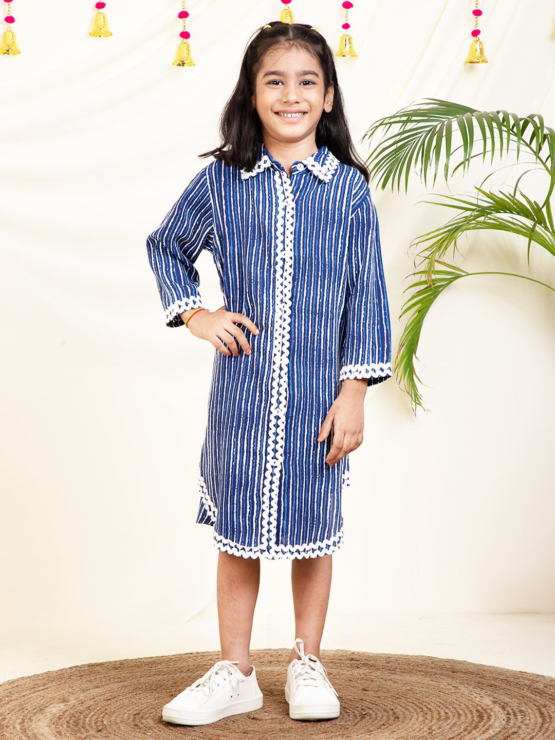 Bugandbees Girls Shirt Collar Long Sleeves Striped Shirt Dress
