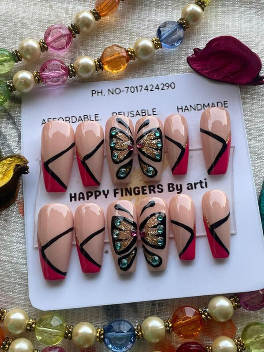 AMOK STORE Set Of 12 Reusable Artificial Press On Nails With Mini Filler Kit- Biege & Red