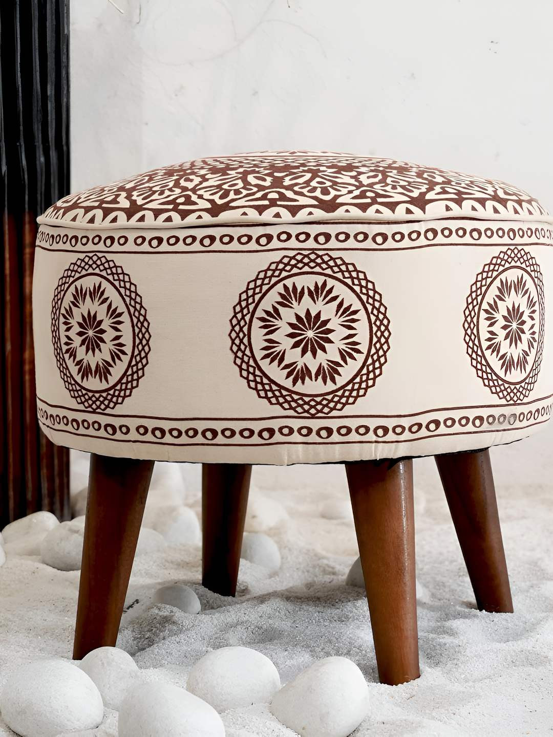 Decoghar Single Piece Brown Mangolian Printed Wooden Ottoman
