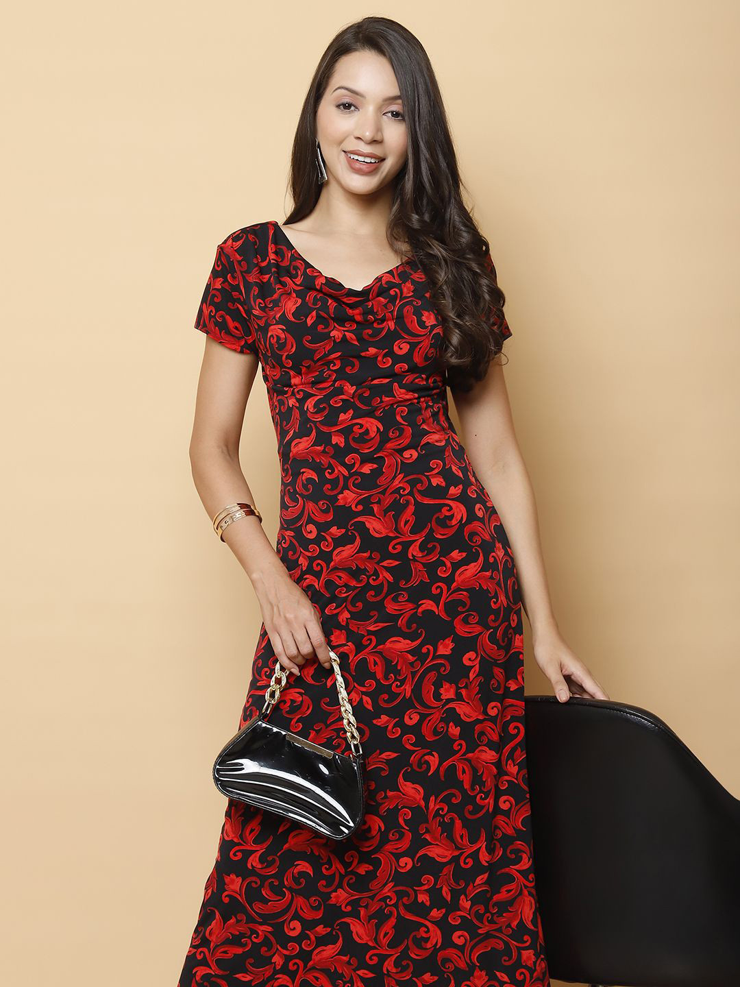 250 DESIGNS Women Cowl Neck Georgette Backless Maxi Dress