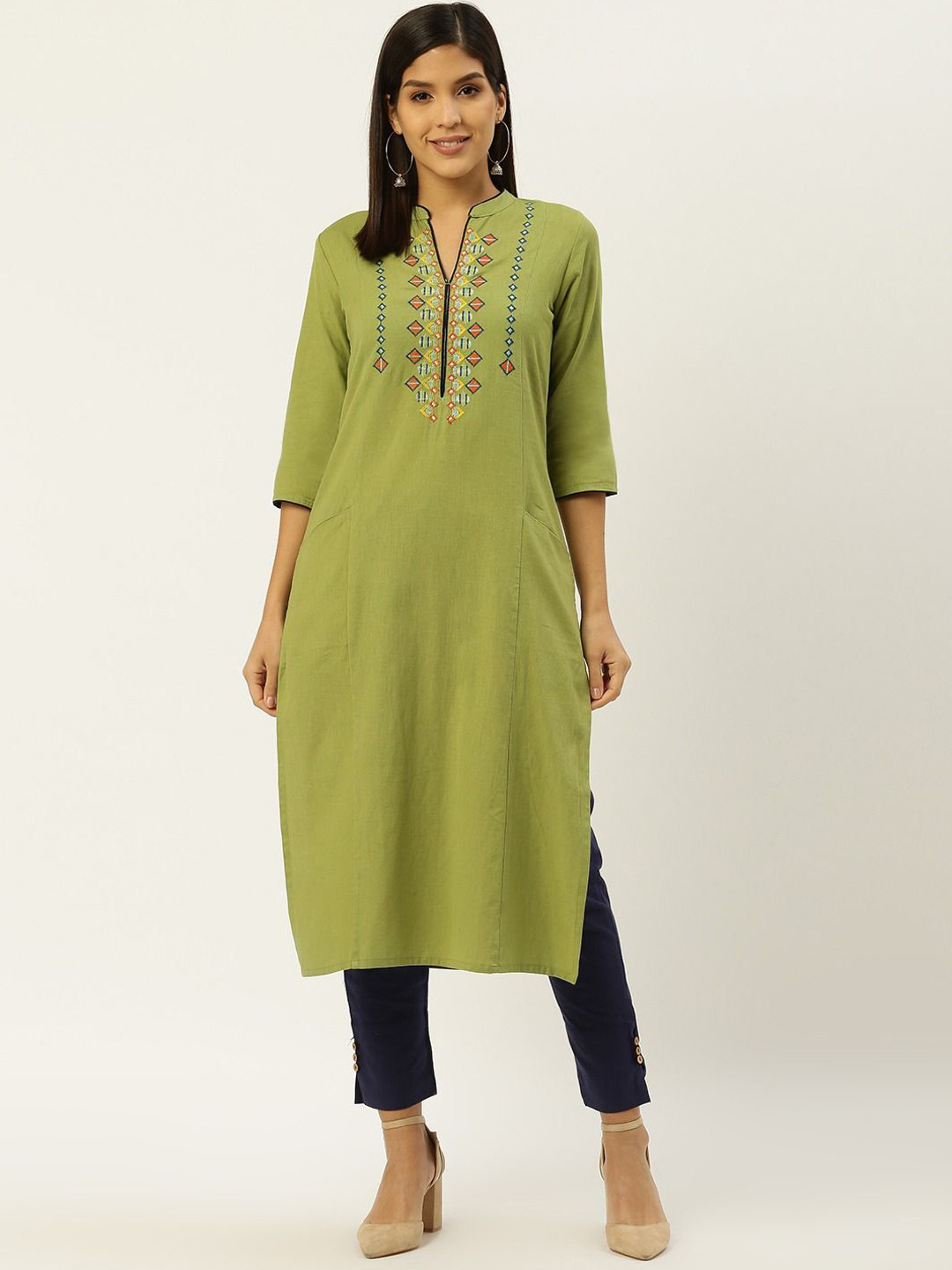 Anouk Green and Navy Blue Geometric Yoke Design Thread Work Cotton Straight Kurta