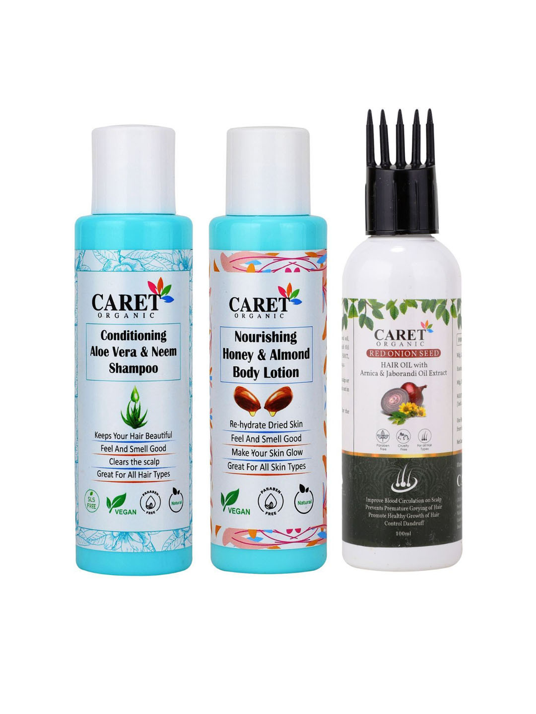 CARET ORGANIC Set Of 3 Aloevera Neem Shampoo With Body Lotion & Red Onion Seed Hair Oil