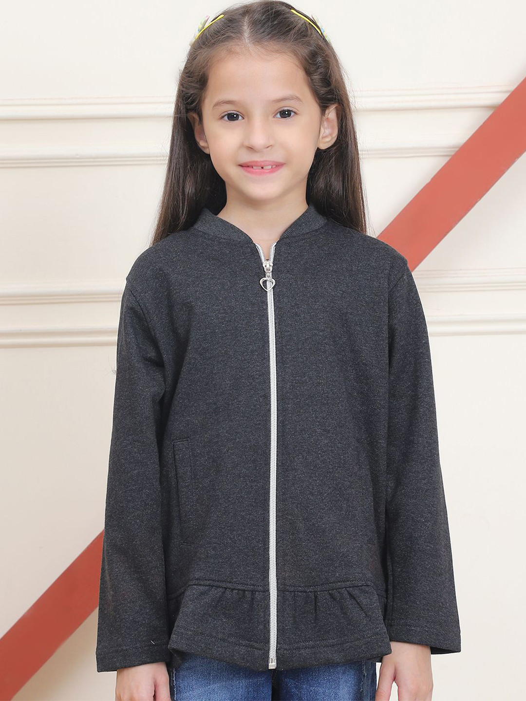 MINI & MING Girls Front Zipper Frilled Winter Sweatshirt