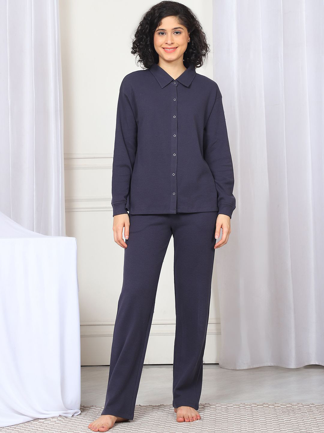 Kanvin Women Shirt Collar Winter Night suit