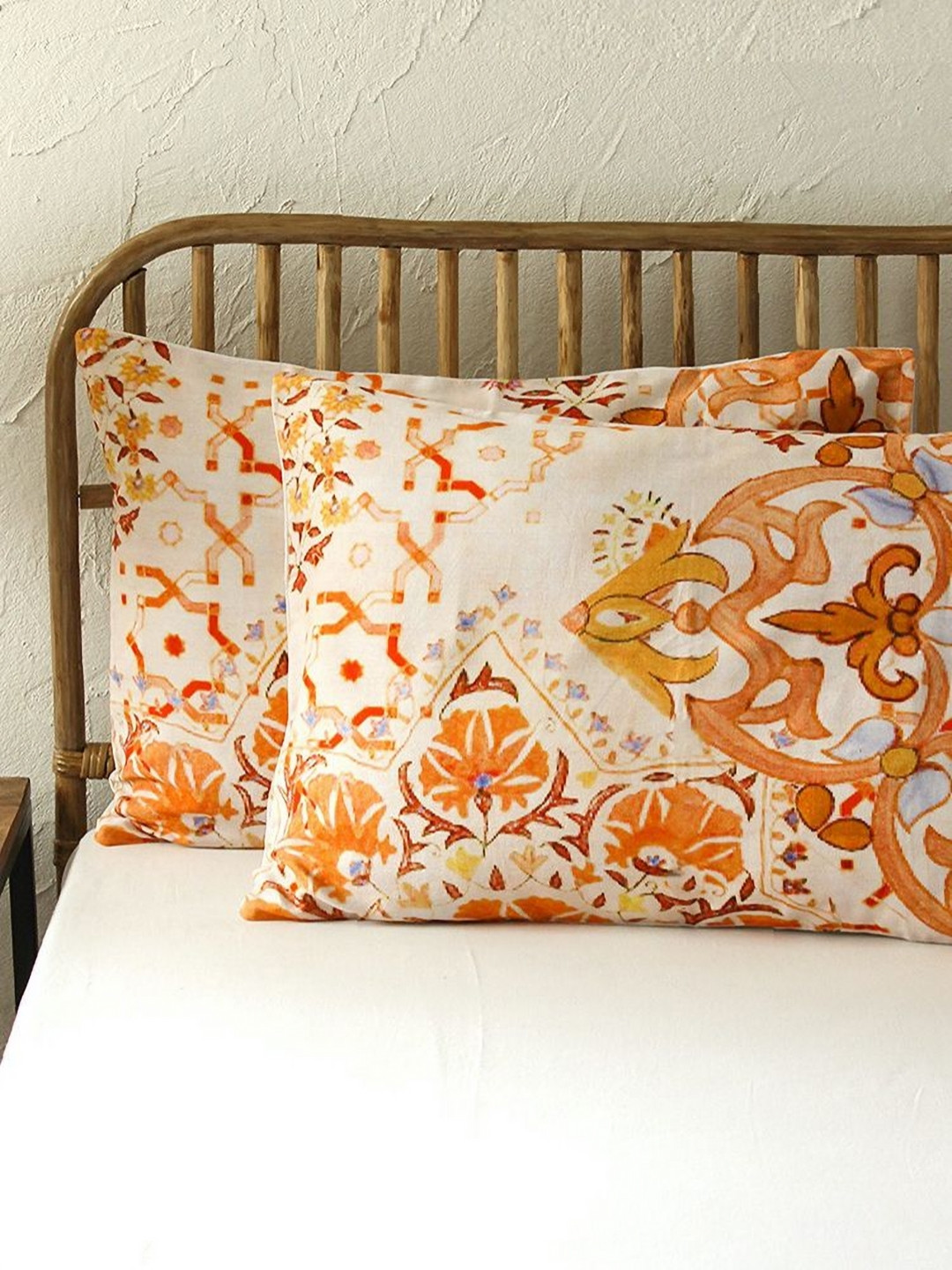 HOMPRIN Orange-Coloured 2 Pieces Floral Printed Pure Cotton Rectangle Pillow Covers