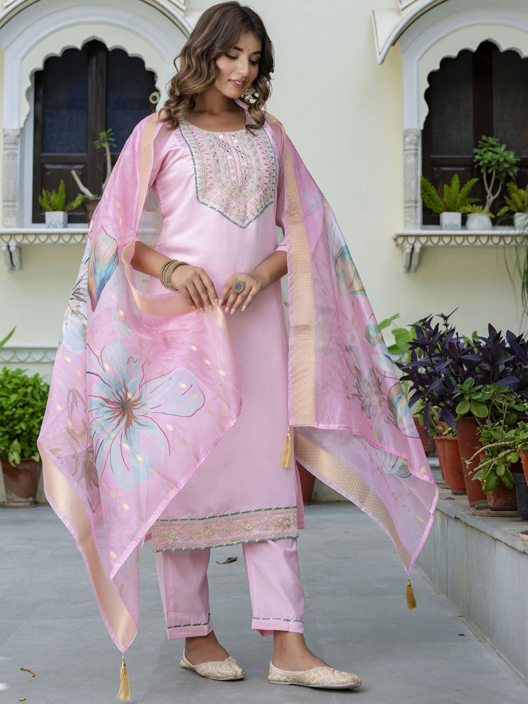 VredeVogel Floral Embroidered Three-Quarter Sleeves Mirror Work Kurta & Trouser & Dupatta
