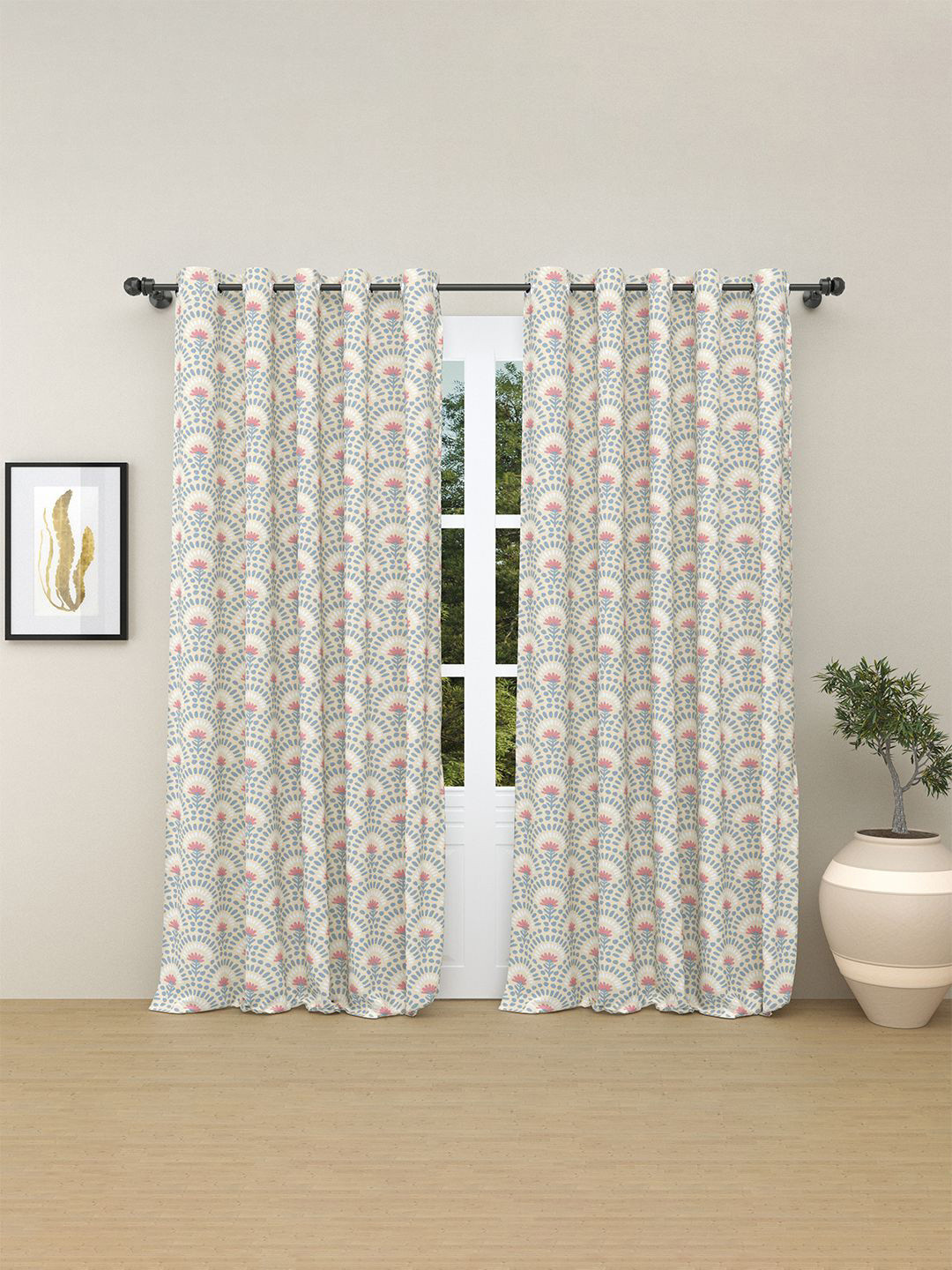 haus & kinder Beige & Pink 2 Pieces Floral Pure Cotton Room Darkening Door Curtains