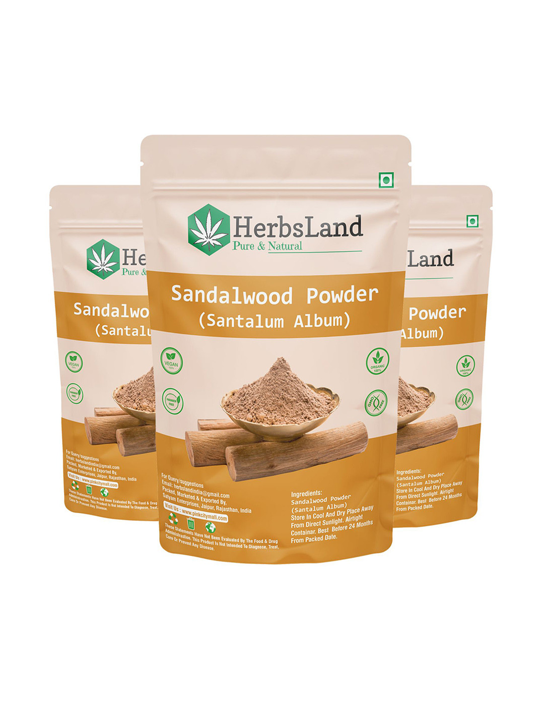 HerbsLand Set Of 3 Sandalwood Face Pack Powder For Smooth Skin - 100 g Each
