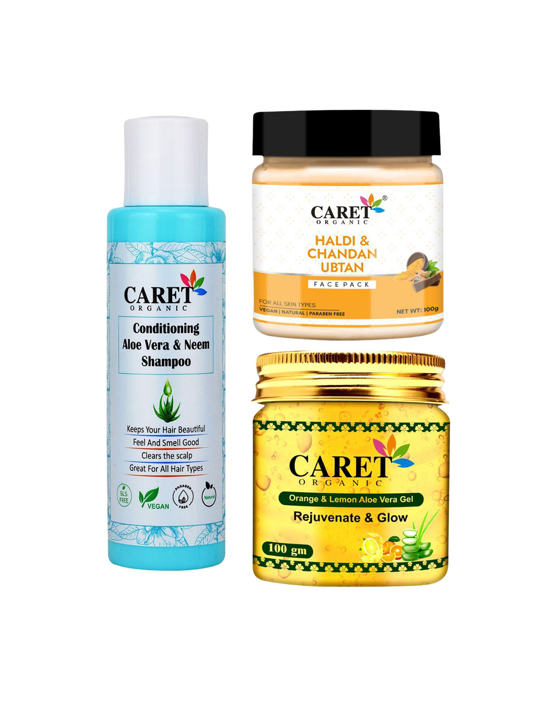 CARET ORGANIC Set Of 3 Neem Shampoo With Chandan Face Pack & Lemon Face Pack