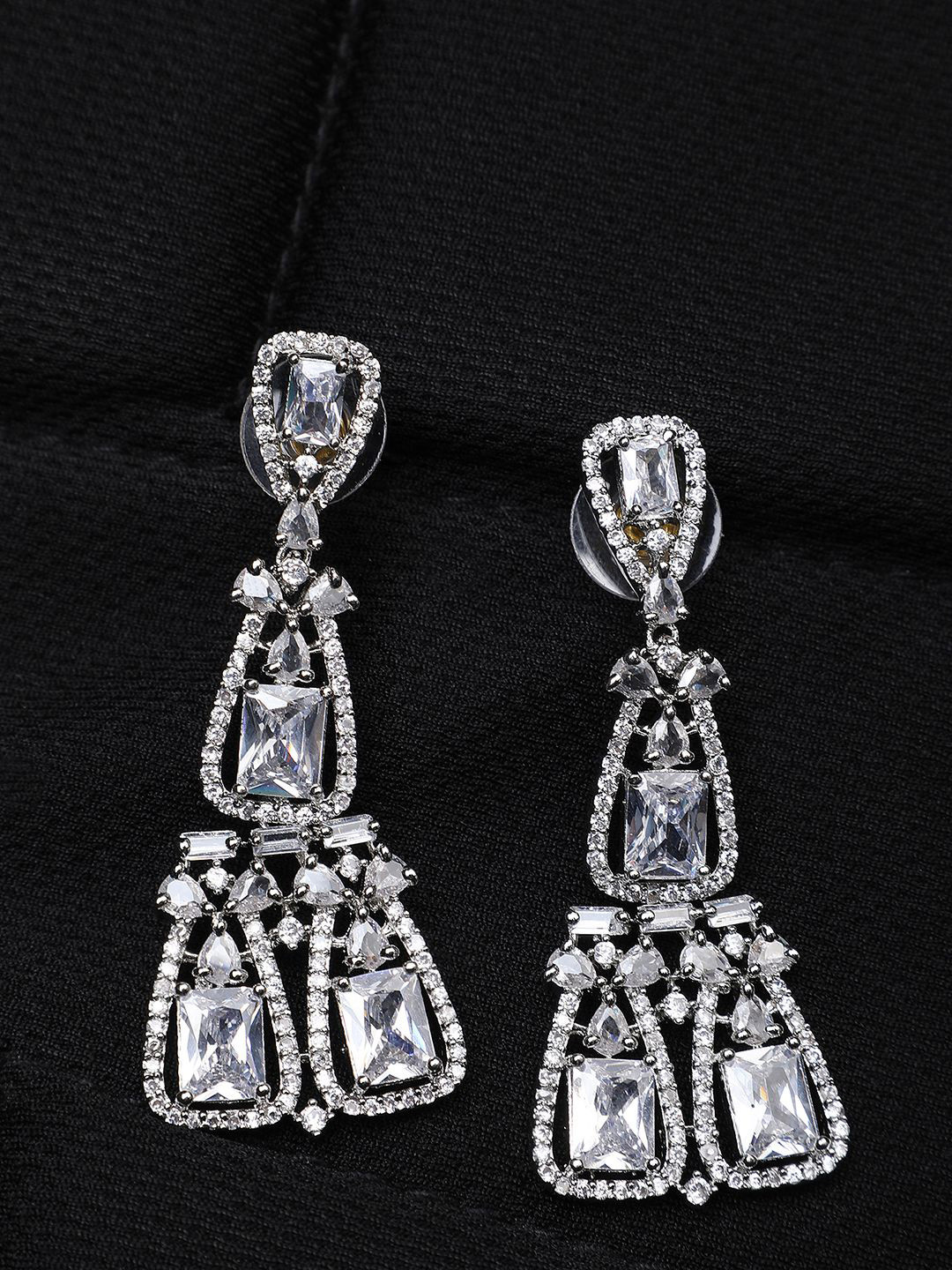 Anouk Silver-Plated AD Studded Triangular Shaped Drop Earrings