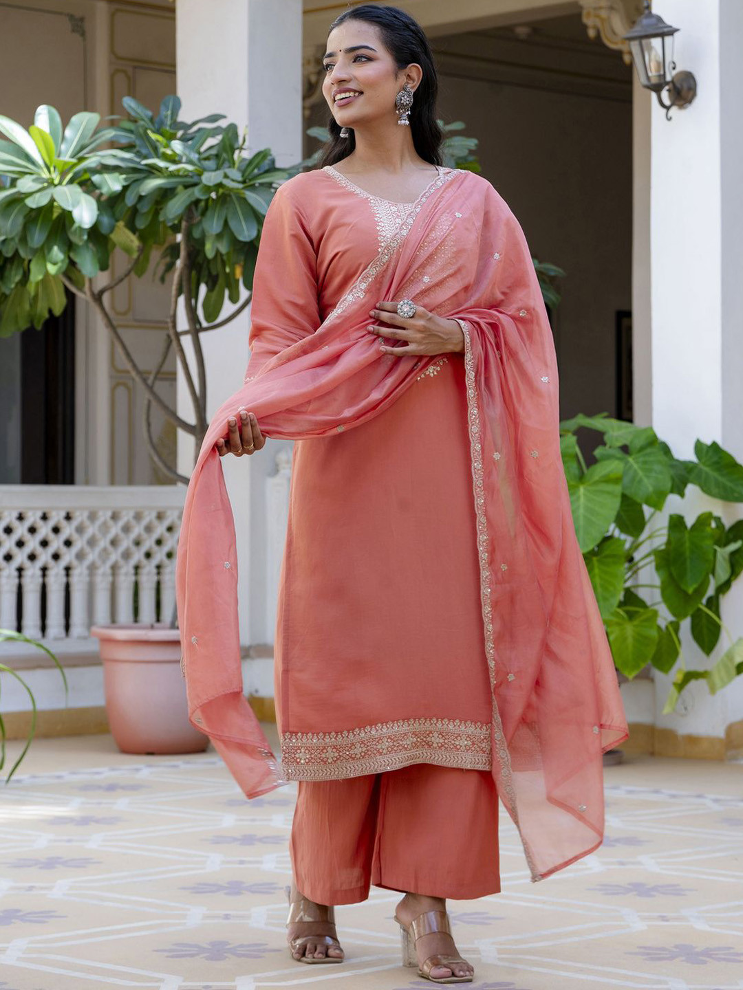 VredeVogel Floral Embroidered Regular Straight Kurta With Palazzo With Dupatta