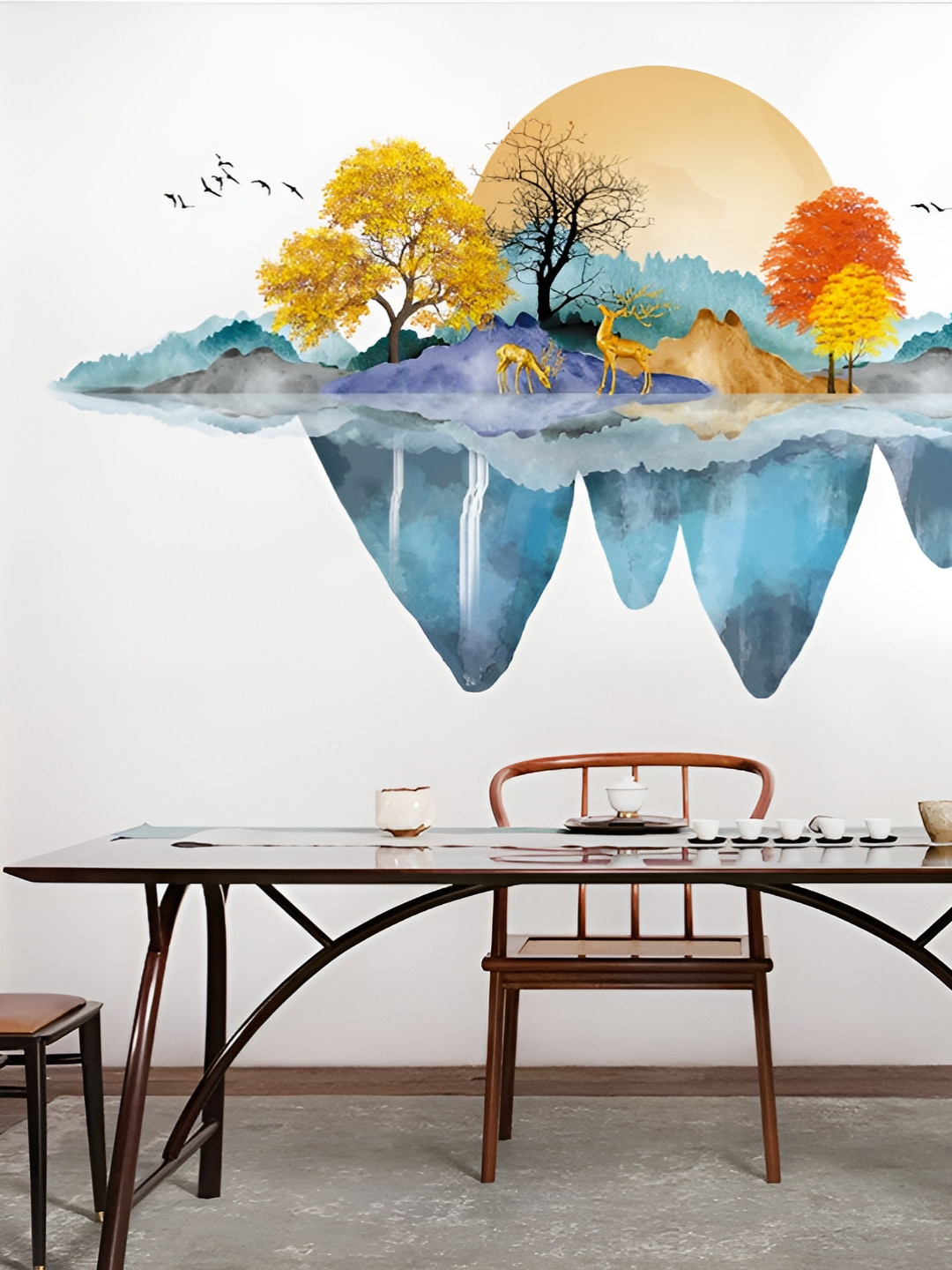 Asian royal Blue & Orange Coloured Scenery Printed Waterproof Wall Sticker
