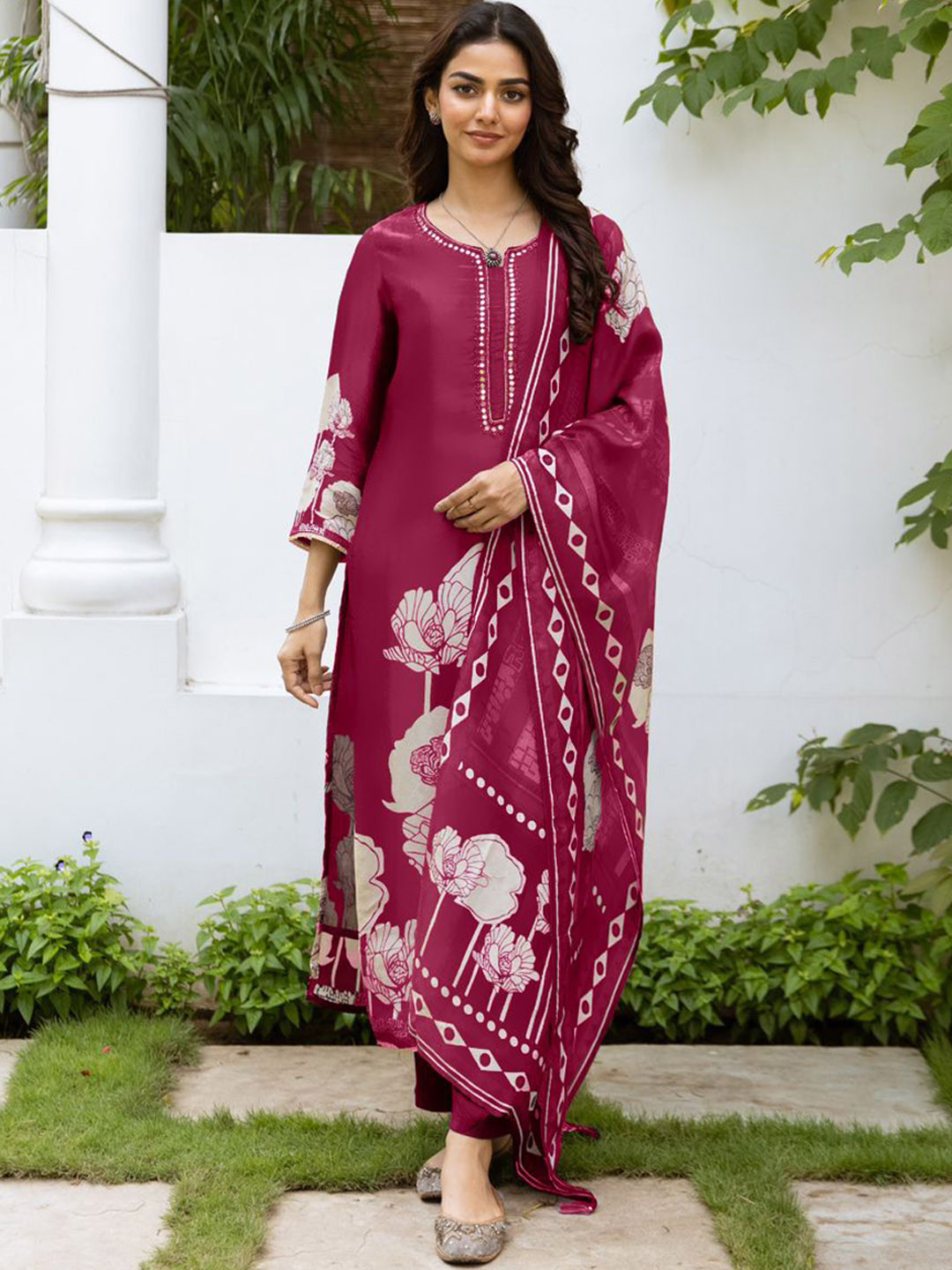 Anouk Pink and Grey Floral Printed Mirror Work Pure Cotton Kurta with Trouser & Dupatta