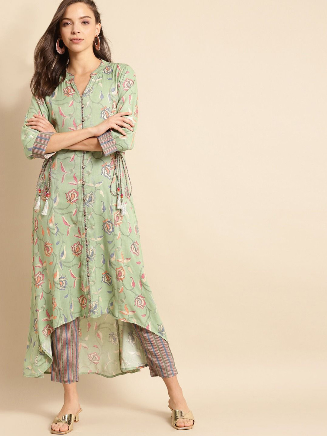 Anouk Green and Navy Blue Floral Printed Liva Straight Kurta with Trousers