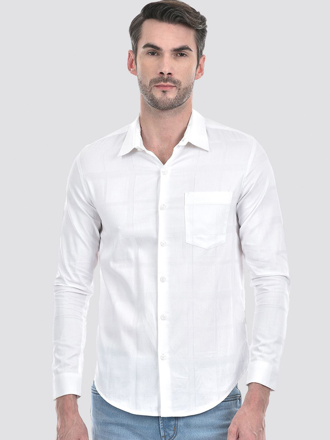 Numero Uno Men Spread Collar Textured Cotton Slim Fit Casual Shirt