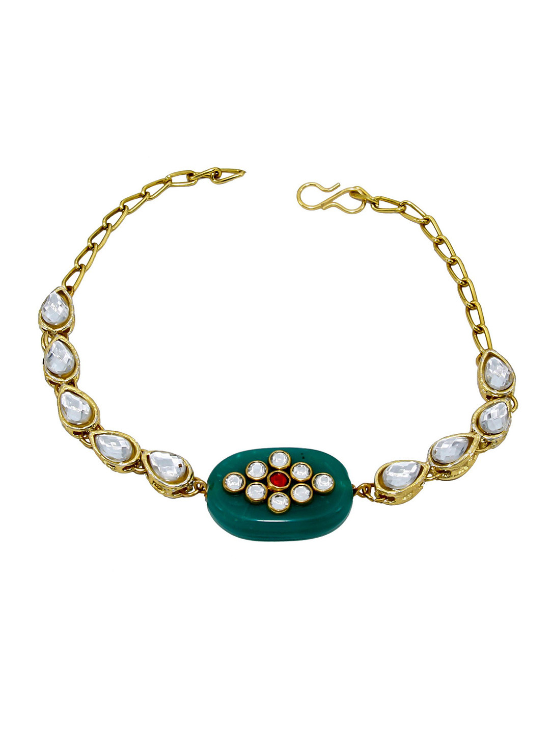 MEMOIR Gold-Plated Onyx with Kundan Stone Studded Pear Shaped Link Bracelet