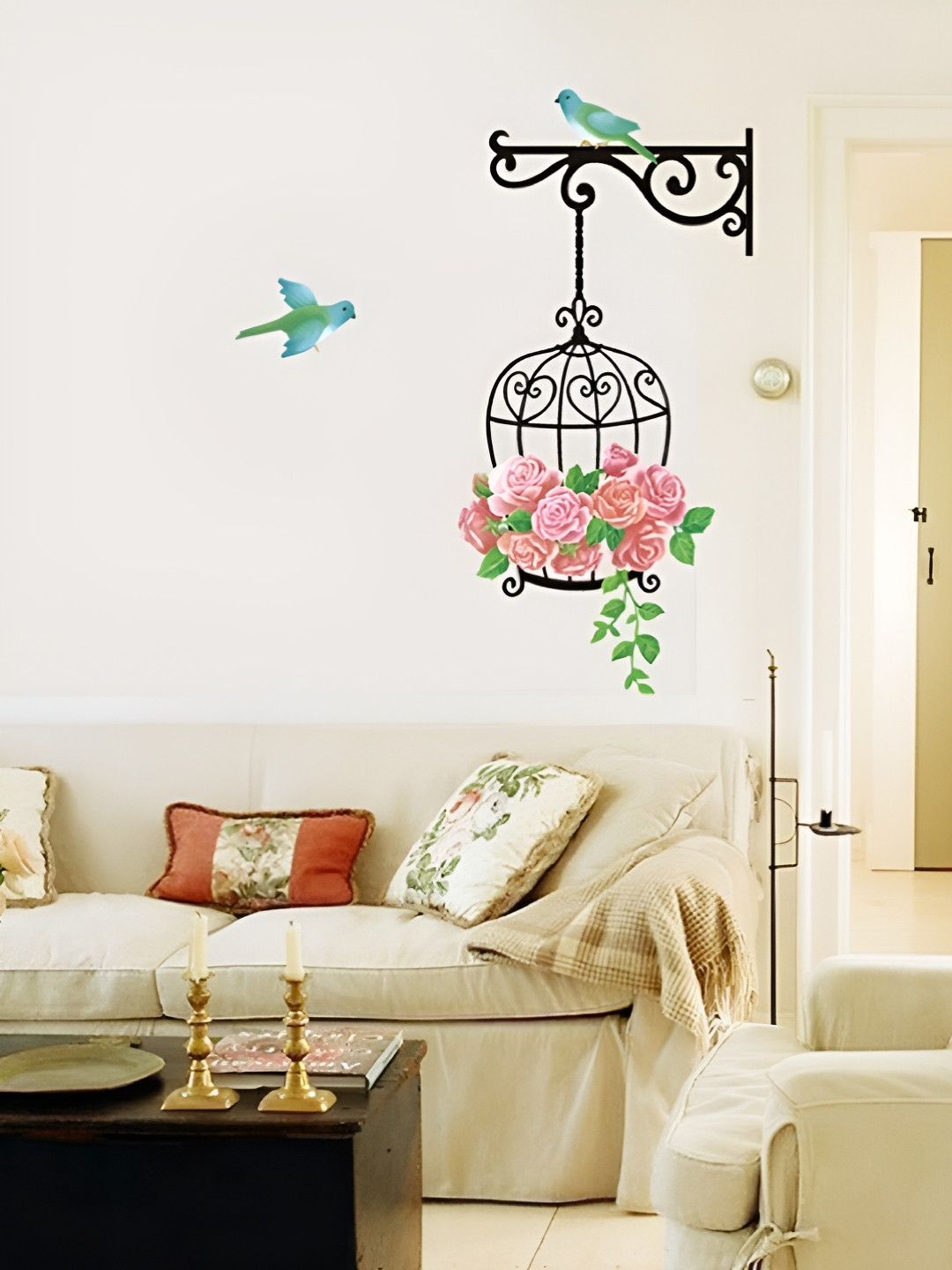 Asian royal Black & Green Floral Bird Cage Printed Wallpaper