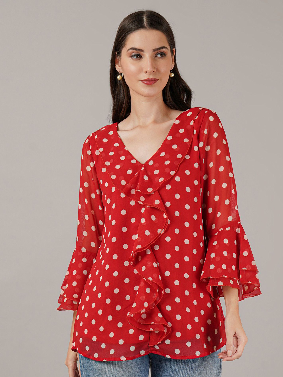 Curvydrobe Women Polka Dot Print Bell Sleeve Ruffle Georgette Top