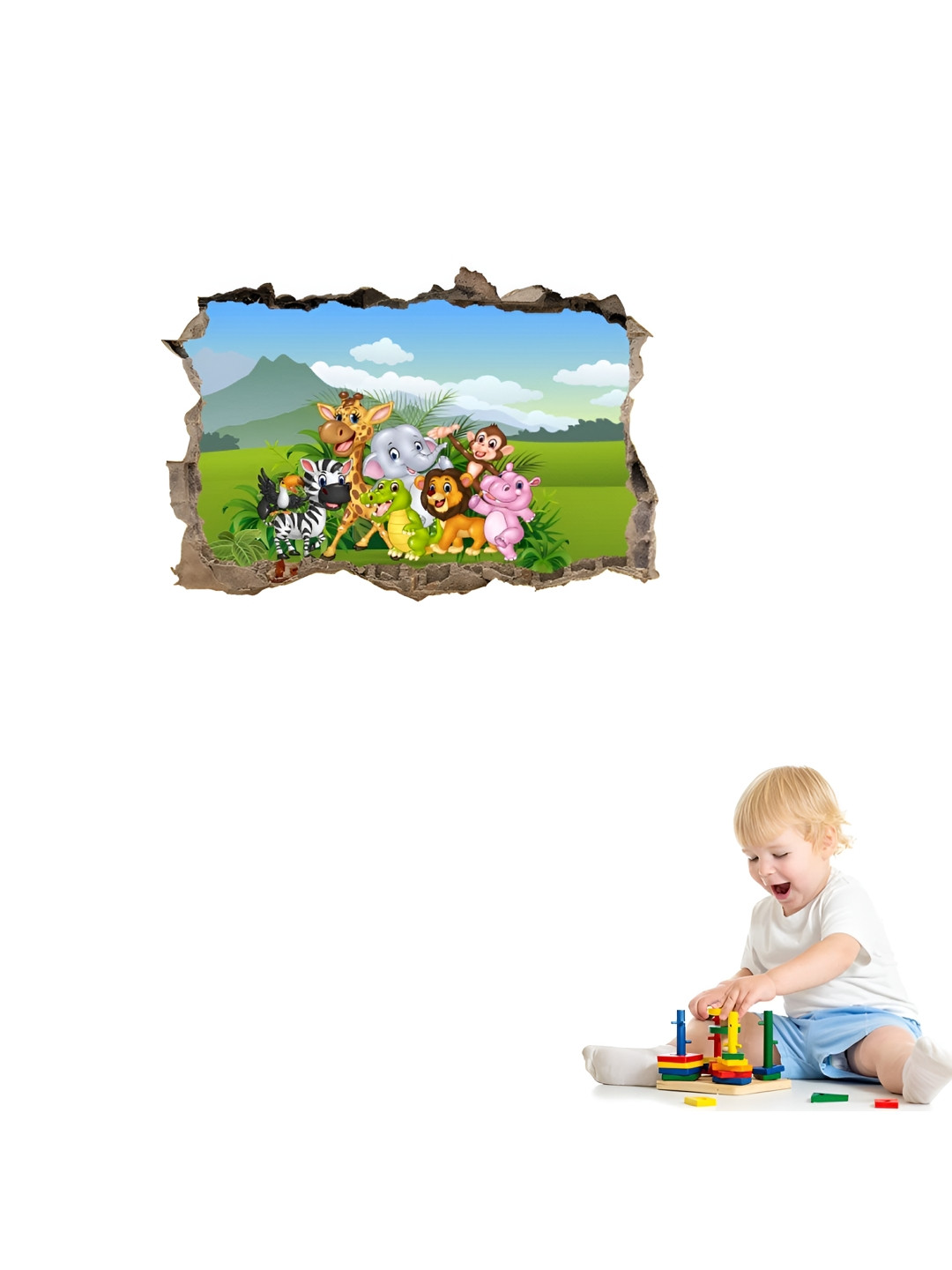 Asian royal Green & Pink Animals Printed Waterproof Wall Sticker