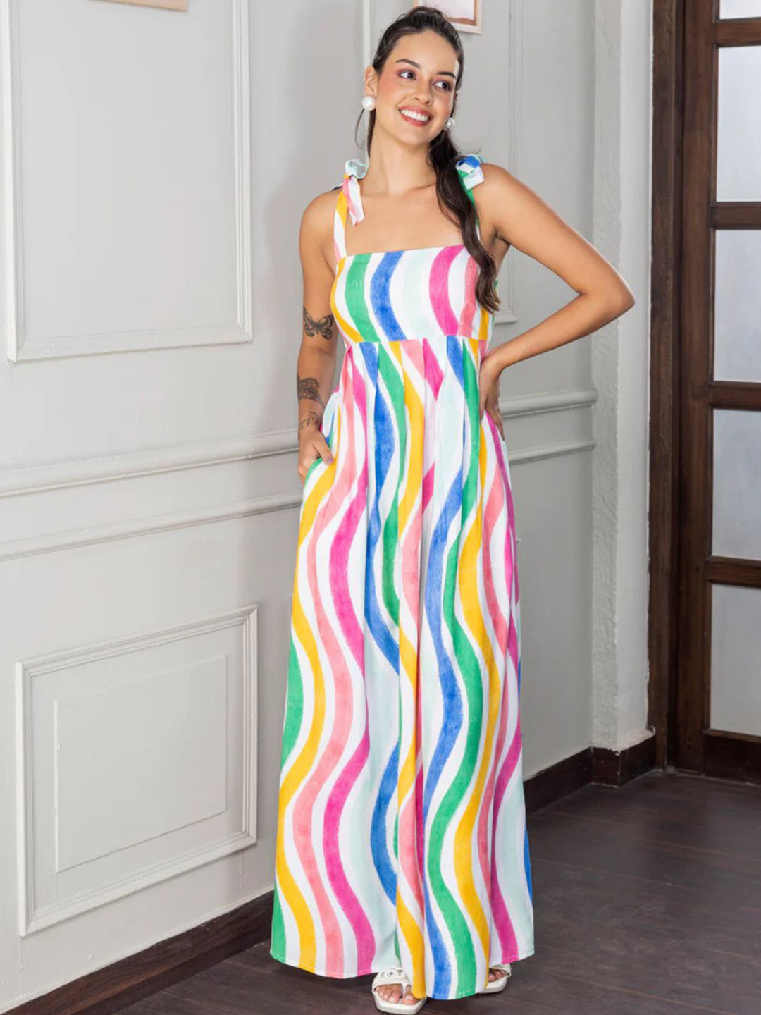 DESIGNS BY QUEEN BEE Women Cotton Shoulder Straps Sleeveless Striped Maxi Dress