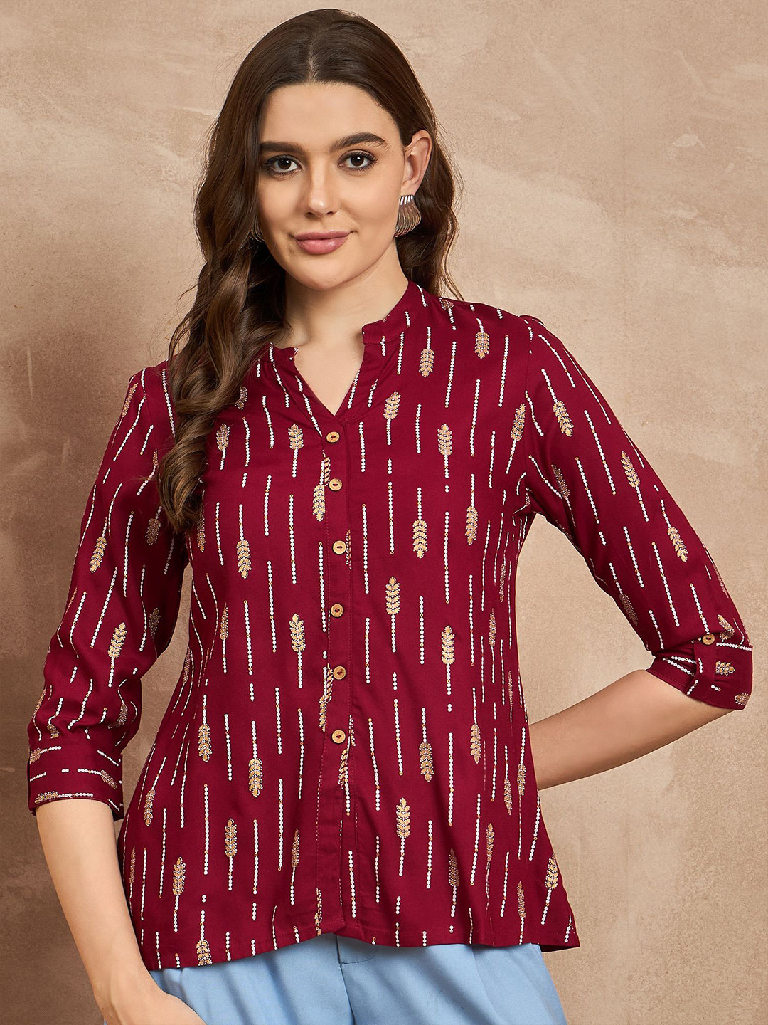 Routes by All About You Women Floral Printed Mandarin Neck Ethnic Top