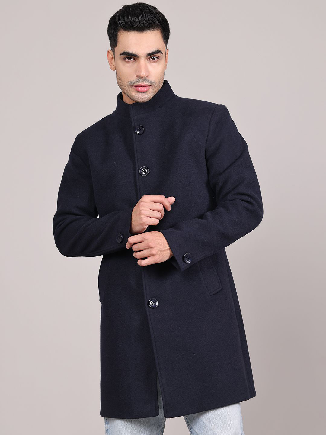 HOUSE OF VEDAS Men Stand Collar Long Sleeves Single-Breasted Button Closure Overcoat