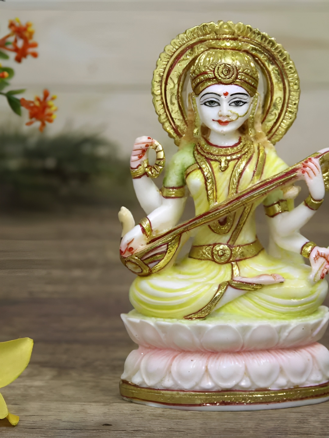 HANDICRAFTS PARADISE Godesses Saraswati White Marble Matte Prayer Room Hand-Painted Medium Showpiece - 5.7 Inches