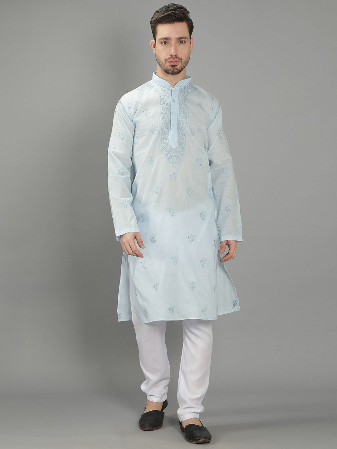 Seva Chikan Mandarin Collar Ethnic Motifs Embroidered Chikankari Cotton Kurta