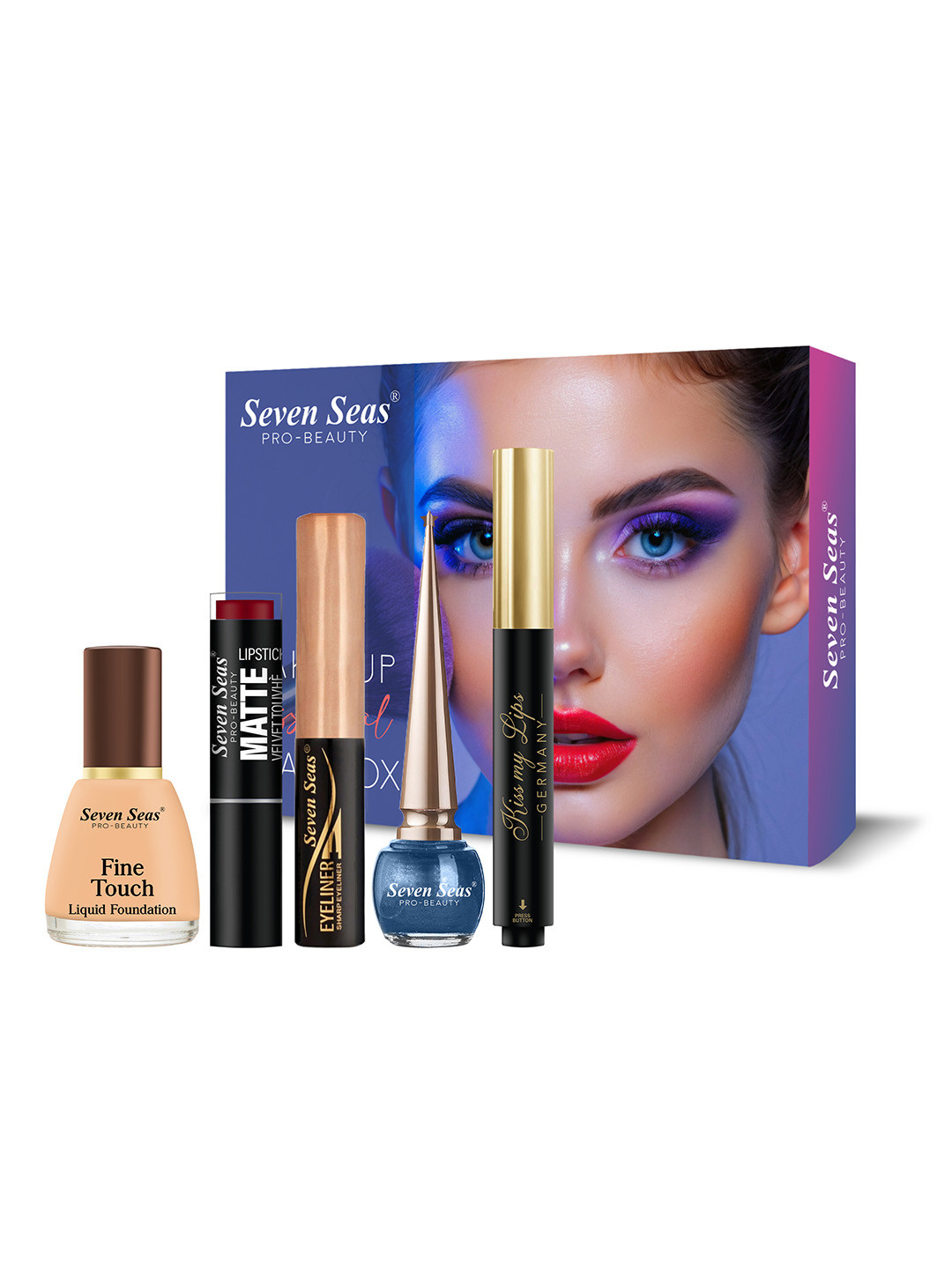 Seven Seas Foundation Velvet Touch Lipstick Lip Balm & 2-Pcs Liquid Eyeliner Makeup Combo