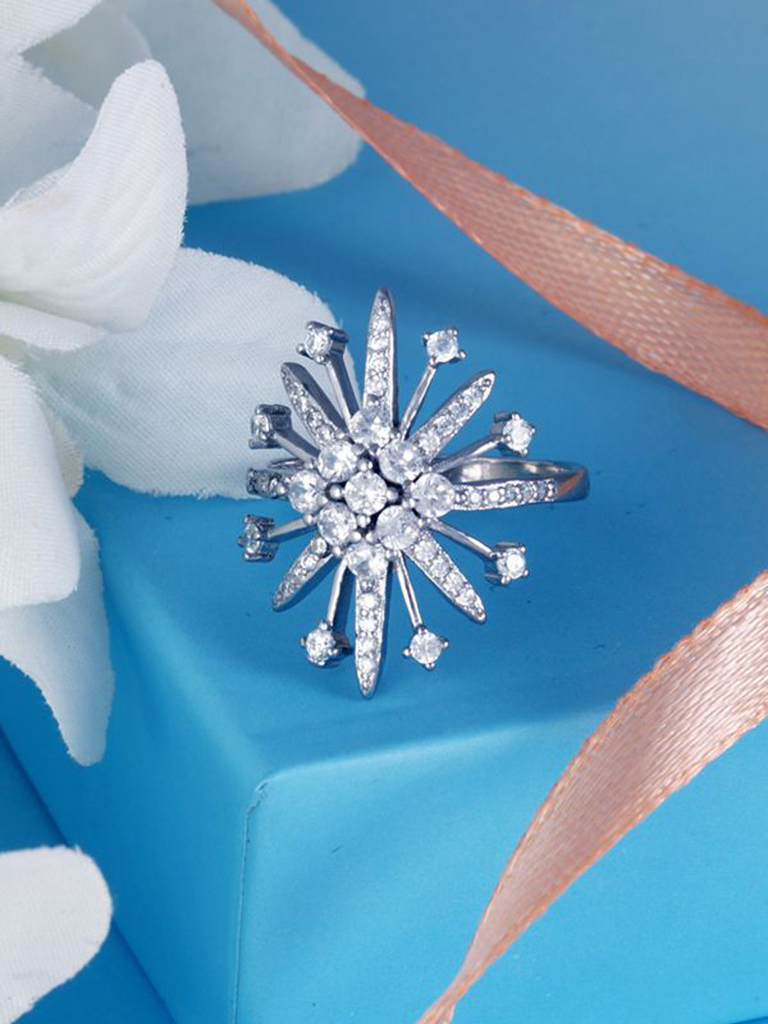 Tuanz Silver Jewelry 925 Sterling Silver Rhodium-Plated CZ Stone Studded Ethena Sta Ring