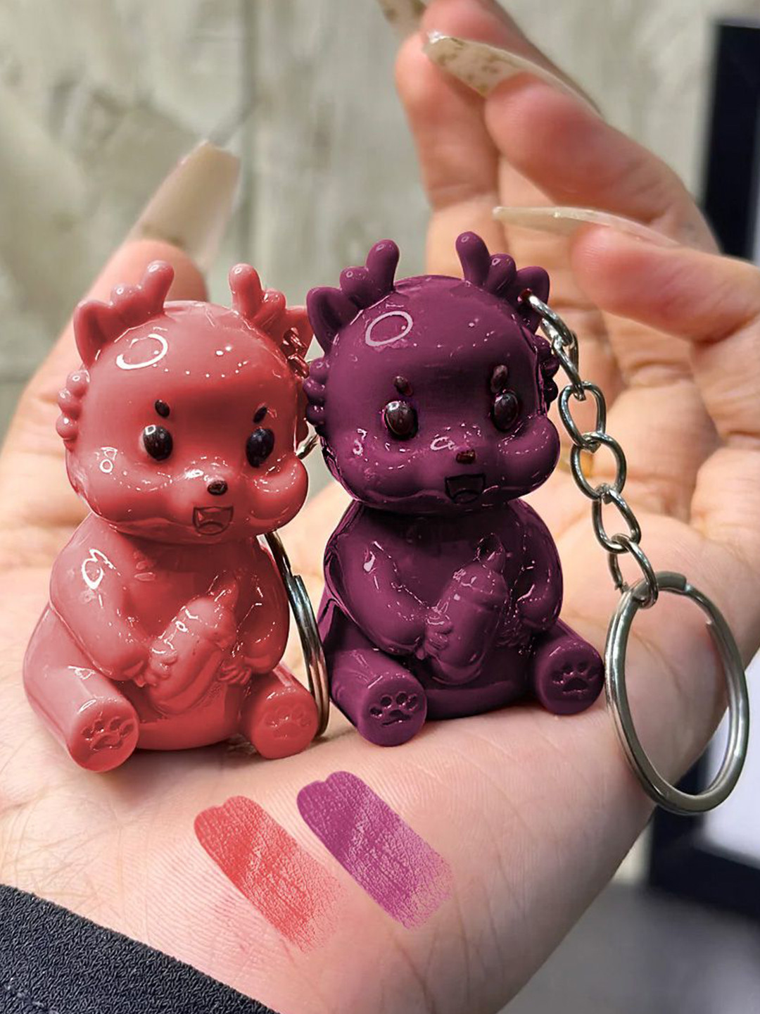 Adbeni Set Of 2 Cartoon Keychain Lip Gloss - 5ml Each - Peach, Pink