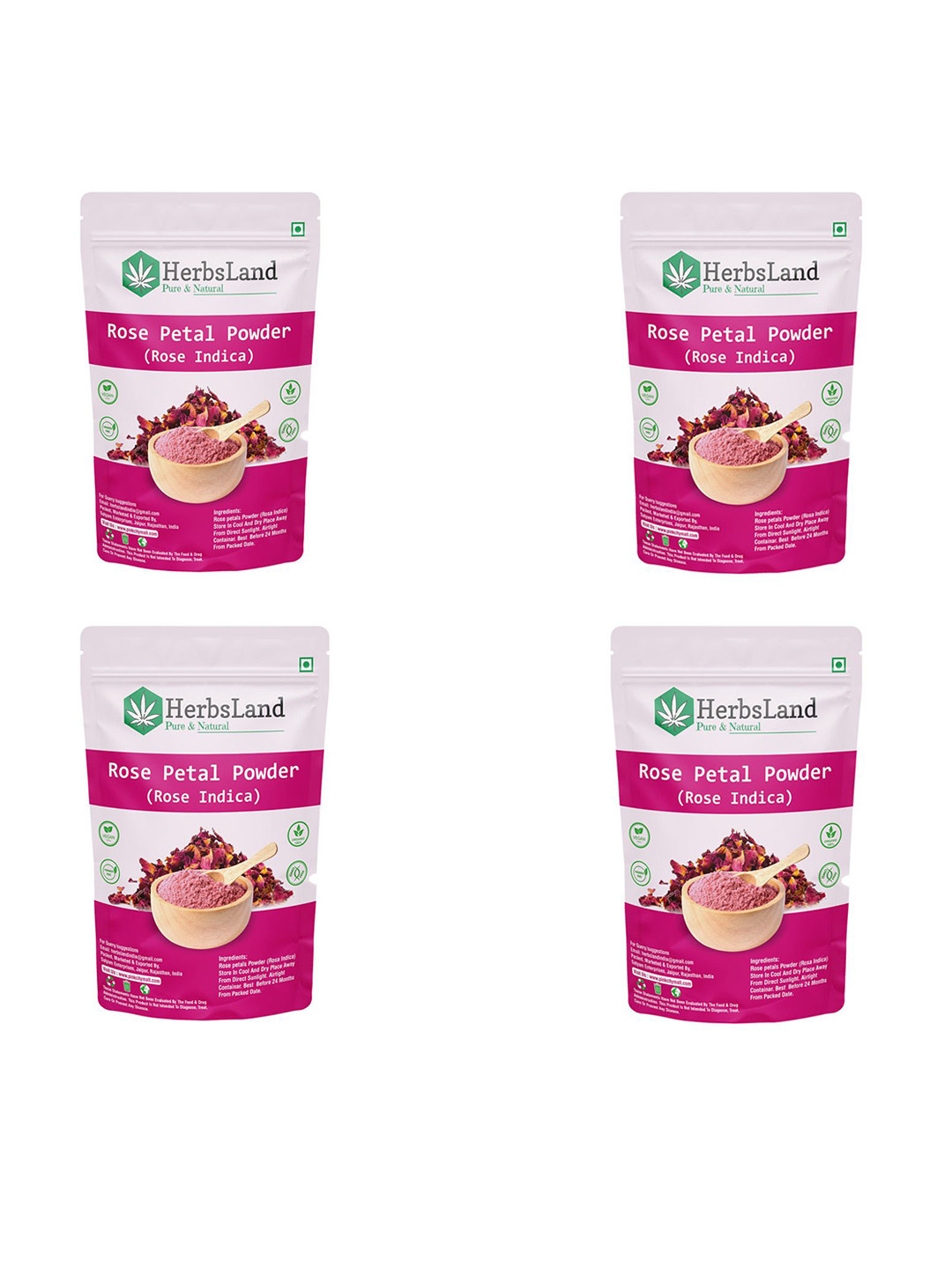 HerbsLand Set Of 4 Pure Rose Petal Powder For Hydration & Skin Brightening - 100 g Each