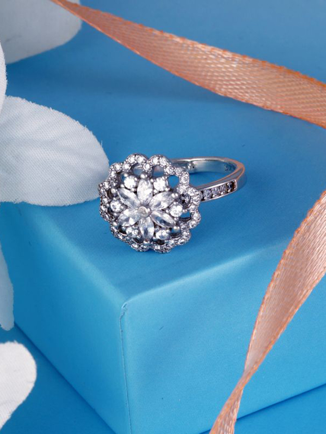 Tuanz Silver Jewelry 925 Sterling Silver Rhodium-Plated CZ -Studded Marquise Star Ring