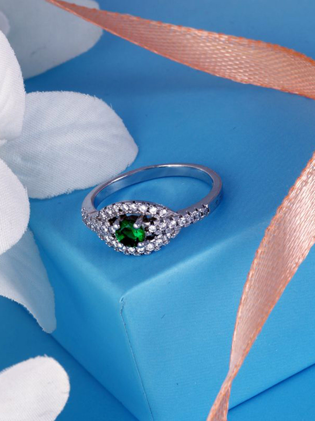 Tuanz Silver Jewelry 925 Sterling Silver Rhodium-Plated Cubic Zirconia Studded Finger Ring