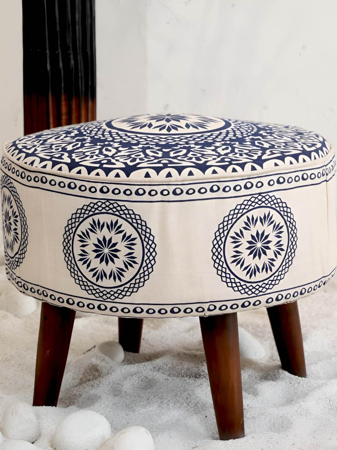 Decoghar Single Piece Blue Mangolian Printed Wooden Ottoman