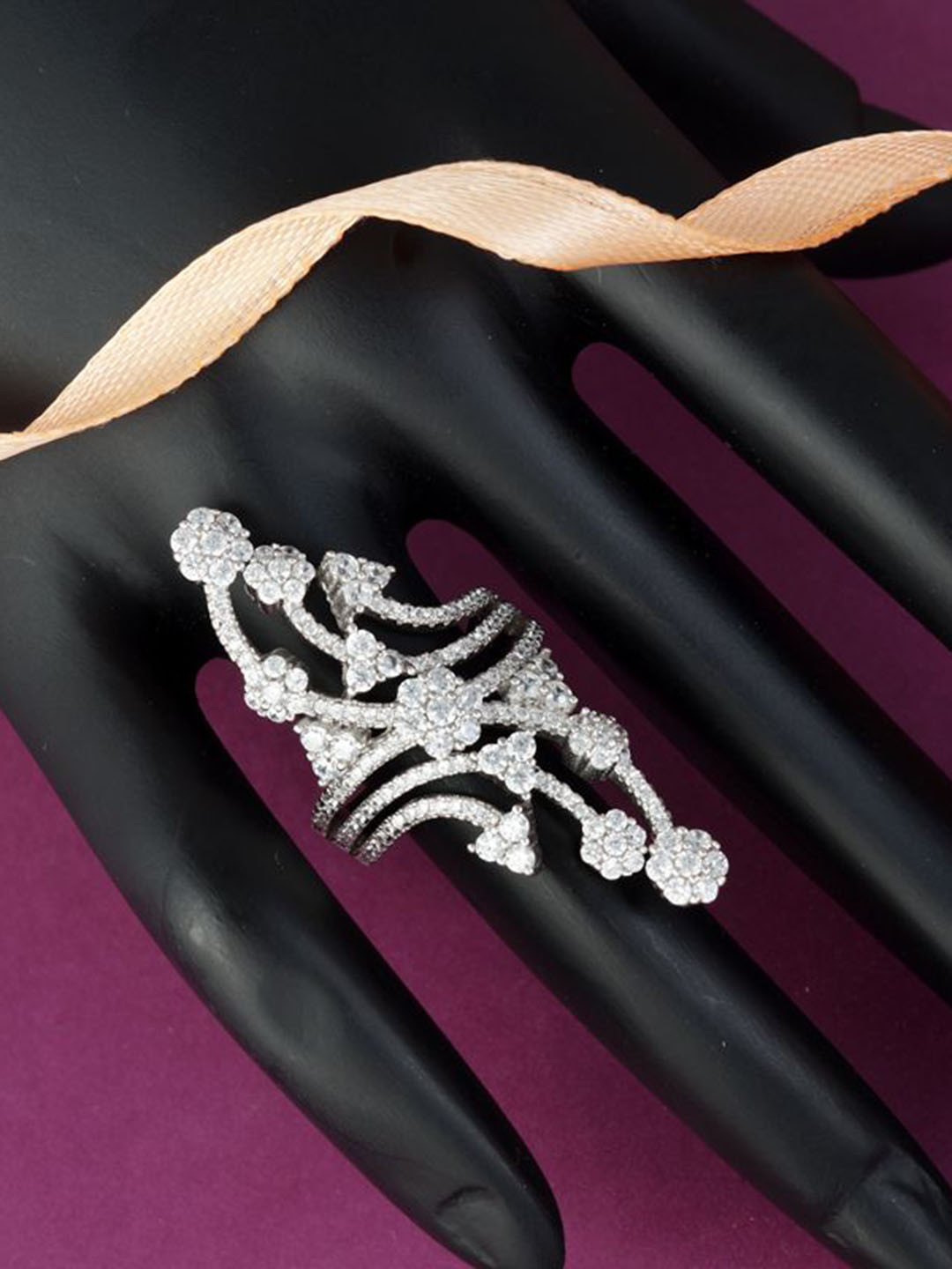 Tuanz Silver Jewelry 925 Sterling Silver-Plated CZ Stone Studded Magnus Illusion Ring