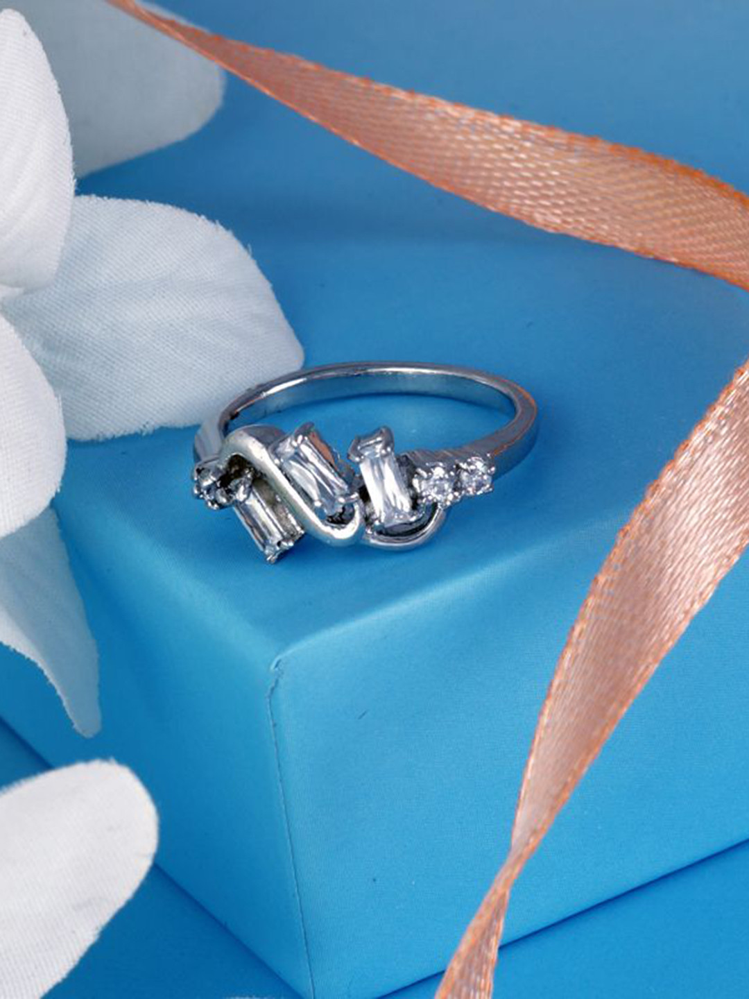 Tuanz Silver Jewelry 925 Sterling Silver Rhodium-Plated CZ Studded Avanthi Bugette Ring