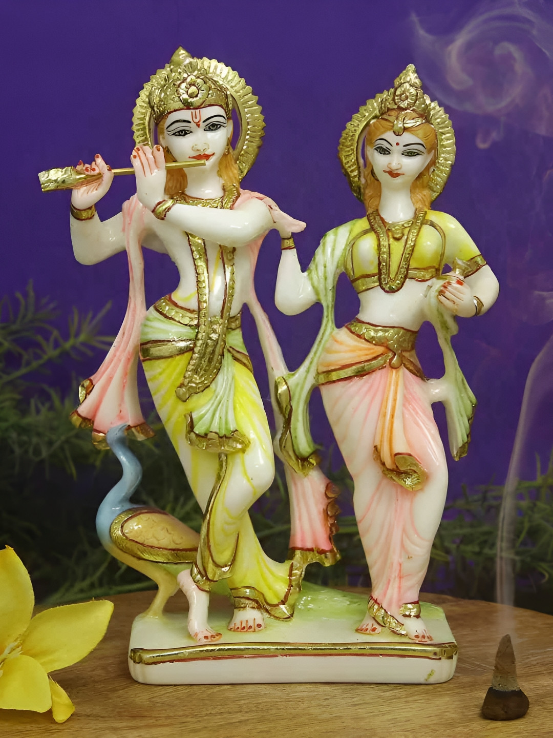 HANDICRAFTS PARADISE Radha Krishna with Peacock White Marble Glossy Living Room Hand-Painted Medium Showpiece - 6.7 Inches