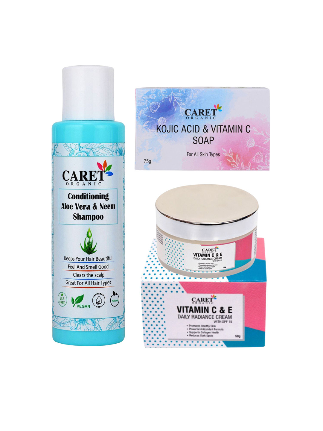 CARET ORGANIC Set Of 3 Aloevera & Neem Shampoo With Soap & Daily Radiance Cream