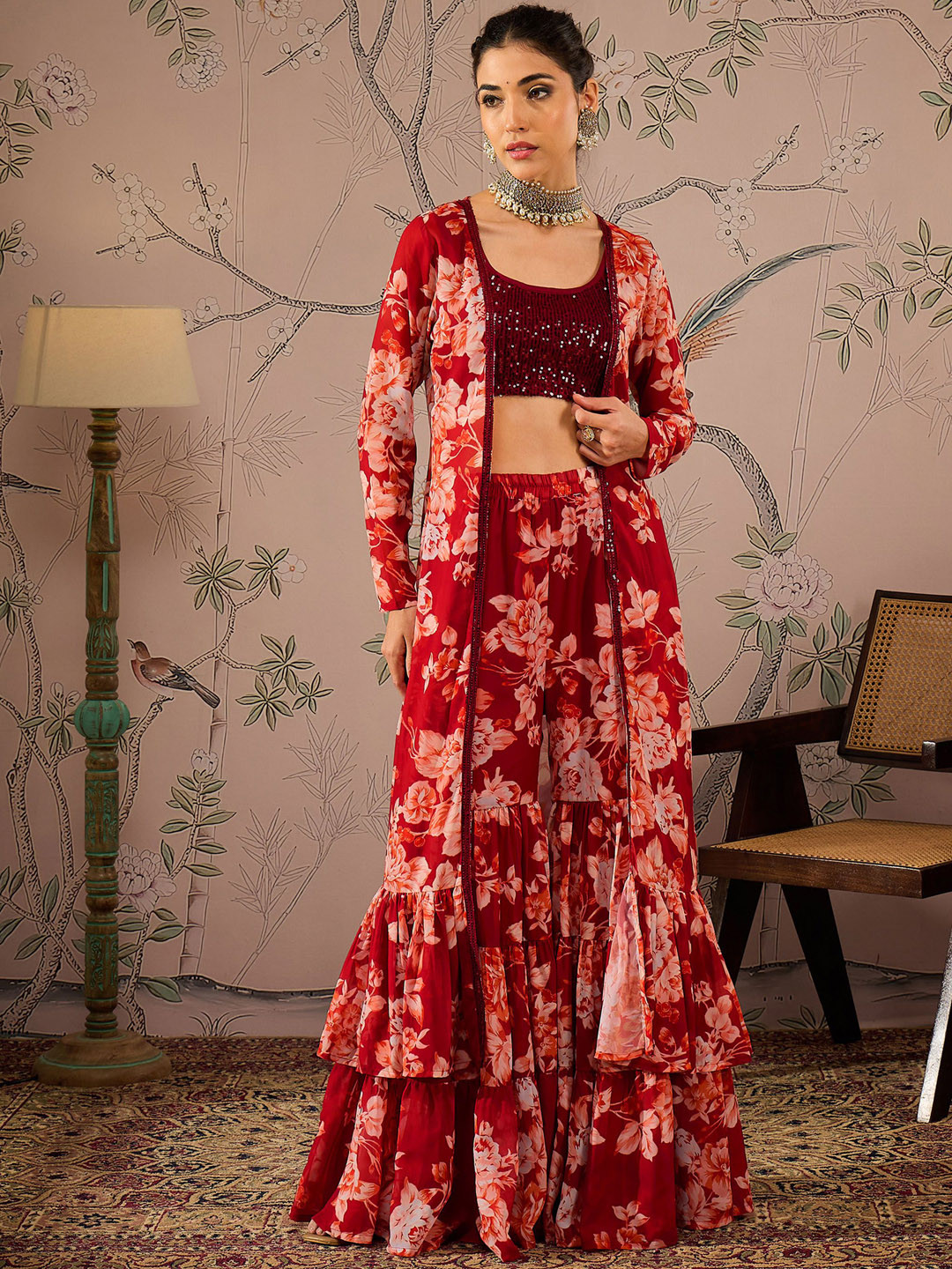 Shae by SASSAFRAS Maroon and Cream Embellished Top and Shrug With Trouser