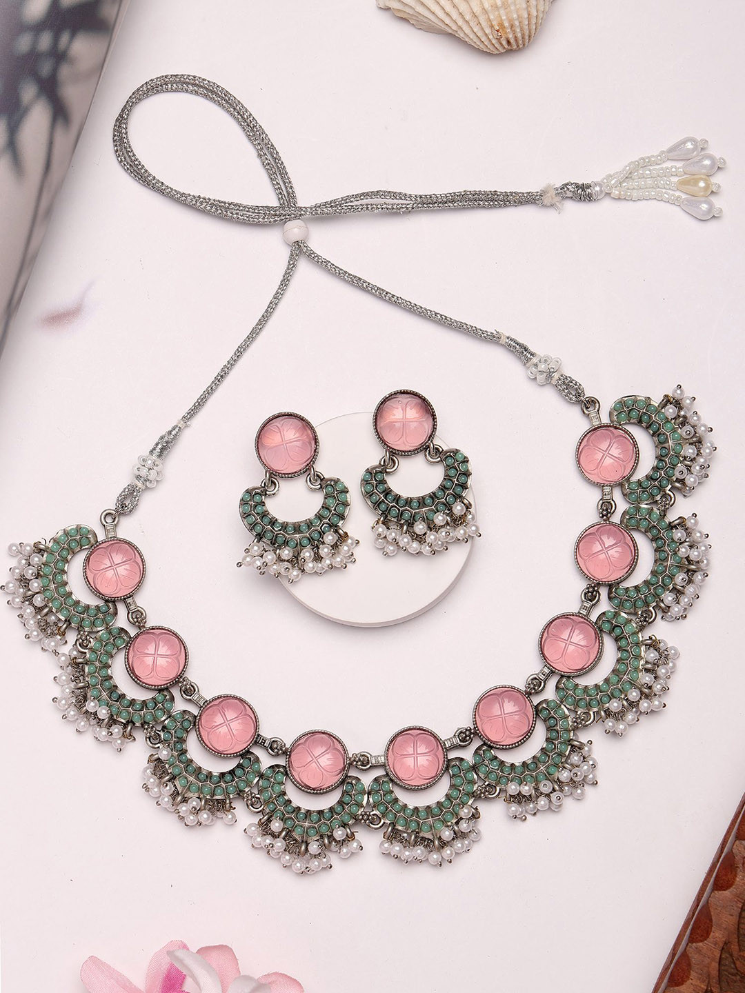 KARATCART Silver-Plated Carved Stone Oxidised Stone-Studded & Beaded Jewellery Set