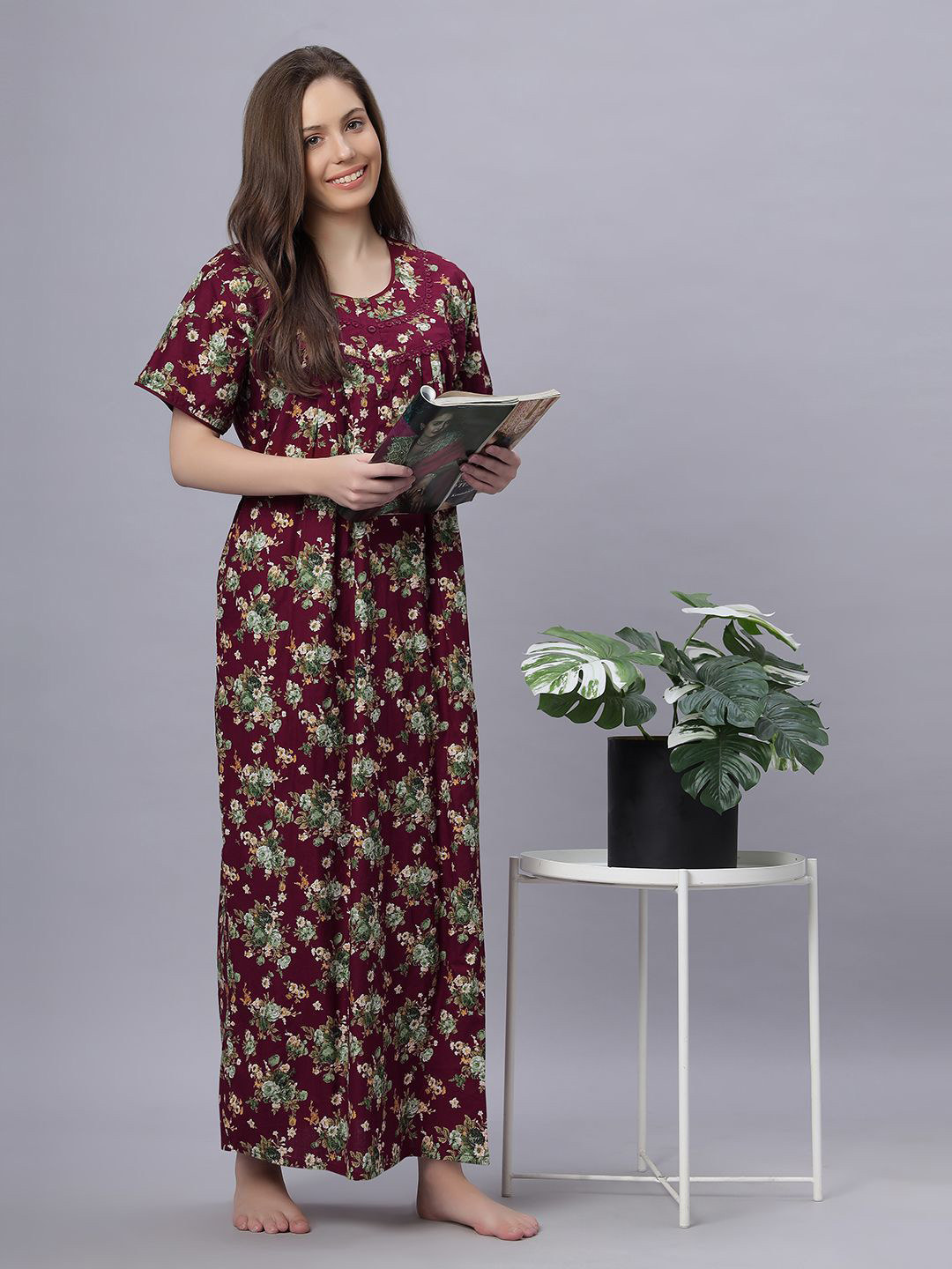 QUIRA Women Floral Printed Round Neck Maxi Nightdress