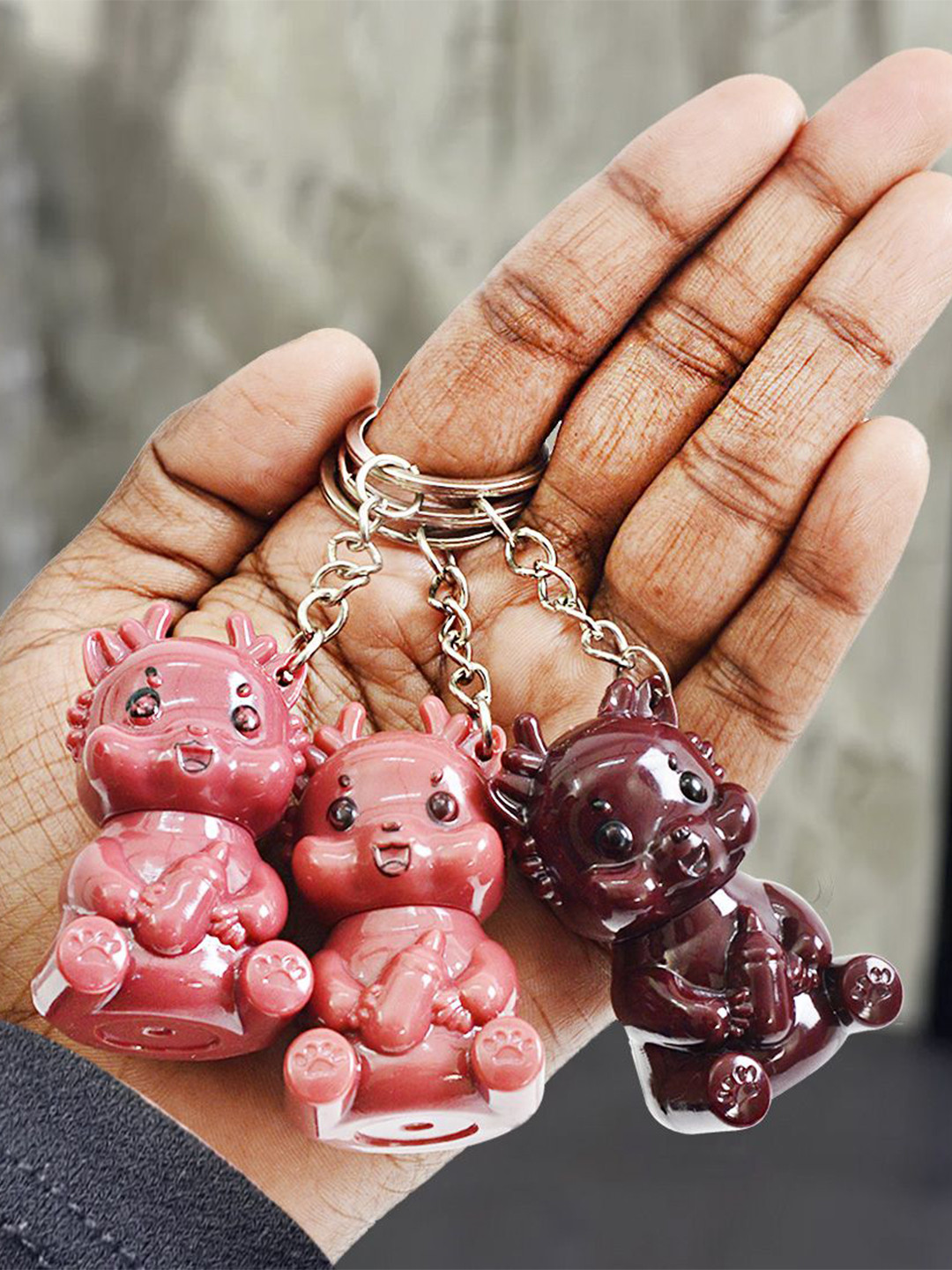 Adbeni Set Of 3 Cartoon Keychain Lip Gloss 5ml Each - Pink, Nude, Brown